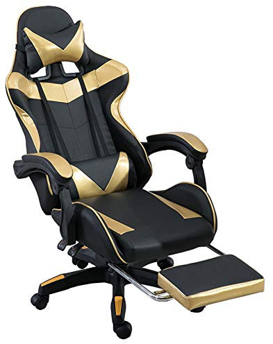 Computer Gaming Chair, with Massage Lumbar Support, Comfy Ergonomic Armchair High Back Chairs for Gamer E-Sport PU Leather Rocking Desk Chair with Footrest (Black and gold)