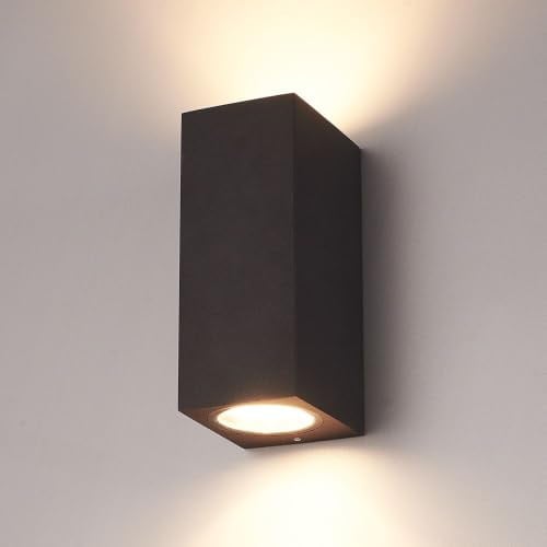 HOFTRONIC Selma - Außenwandleuchte Schwarz | Up and Downlight | 2x GU10 Fassung Dimmbar | Eckig Aluminium | IP65 wasserdicht | Außenlampe Wand für Garten, Flur, Badezimmer und Wohnzimmer