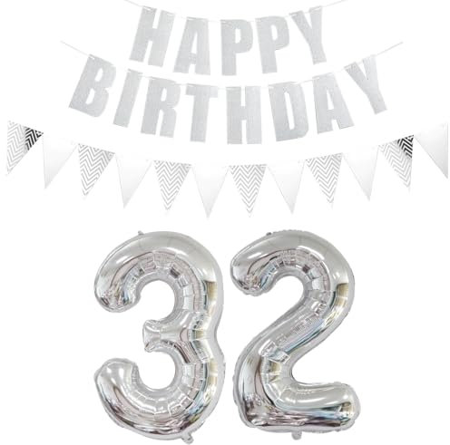 Luftballons Zahl 32 Silber + Happy Birthday Girlande + banner Folienballon 32.Geburtstags deko frau mann ballons 32 Jahre Geburtstag deko frauen Zahlenballon 32 Geburtstag dekoration Männer frau(32)
