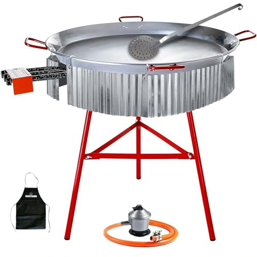 Bricolemar Kit paellero gas 70 cm con paellera 90 cm y soporte reforzado – set completo con paravientos, regulador, manguera y espumadera para hasta 50 personas