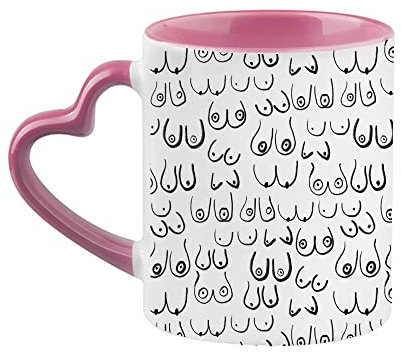 Giftme Boobs Pattern - Black and White line Drawing, Life Drawing, Feminine Art Coffee Tea Mug Unique Heart Handle Ceramic Mug. (Pink Heart Handle Mug)
