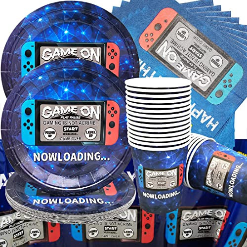 Doyomtoy Jeu Vidéo Party Vaisselle, Set de Vaisselle Soirée à Thème de Jeu, Y Compris Jeu Vidéo Assiettes, Tasses, Serviettes, Nappes, Jeu Vidéo Fête d'anniversaire Fournitures - (Sert 20 Invités)