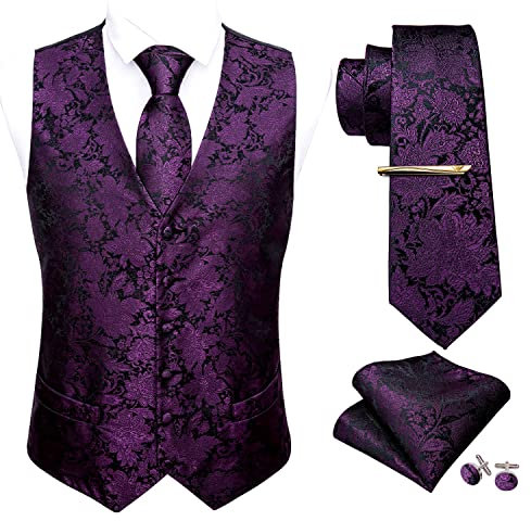 Barry.Wang Formelles Herren-Westenset, Paisleymuster, Krawatte, Taschentuch, Manschettenknöpfe, Clip, Anzugweste, Designer, 5-teilig, Violett, M