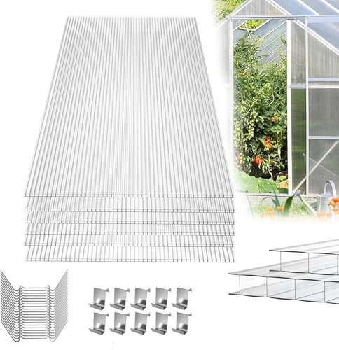 YRHome 14x plaques Multi-parois en Polycarbonate, Plaque à Double paroi résistante aux UV, 10,25 m², Plaque Multi-parois, Plaque de Serre pour Horticulture, abris de Voiture, Serre, 605x1210x4mm