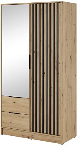 Furniture24 Kleiderschrank Nelly 2D Schrank mit Spiegel 2 Türiger 2 Schubladen Artisan Eiche Drehtürenschrank