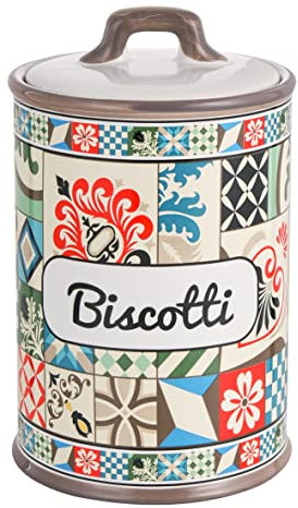 Baroni Home Barattolo Da Cucina Ceramica Decorata Linea Cementine, Barattolo Biscotti Chiusura Ermetica, 11x11x17 cm
