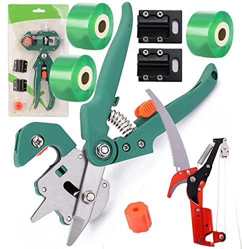2-in-1 Professionelle Garten Obstbaum Veredelungsschere Ratschenschere, Professionelle Einhand mit V+U+Ω Ersatzmesser Schneidwerkzeug Set für Blumen Obstbäume Zweige, Grün,Style1