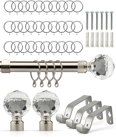 Emma Barclay Extendable Curtain Pole With Finials Rings Brackets & Fittings Sets 16-19mm in Brushed Silver Metal Curtain Poles For Eyelet Curtains Rod - Crystal Collection 1.6m - 3m Brushed Silver