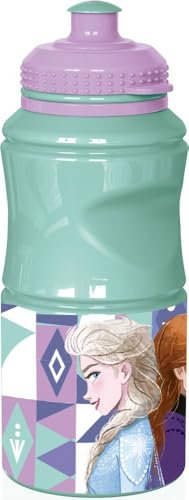 Tataway in viaggio si cresce Disney Frozen Elsa und Anna blaue Plastikwasserflasche für Kinder 380 ml mit tropfsicherem Verschluss und rutschfestem Band