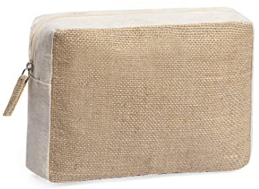 Trousse de toilette en jute pour femme avec fermeture éclair et pompon, trousse de maquillage, voyage, Rectangulaire Jute-Coton