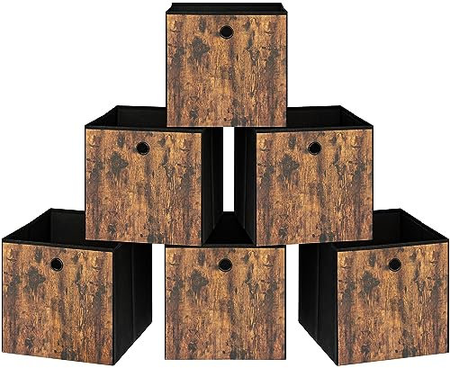 Hzuaneri Cubos de almacenamiento, cubos de almacenamiento plegables de 30 cm con asas, juego de 6, cestas de almacenamiento de cubos plegables para organizar, librería, Marrón rústico SC07030A
