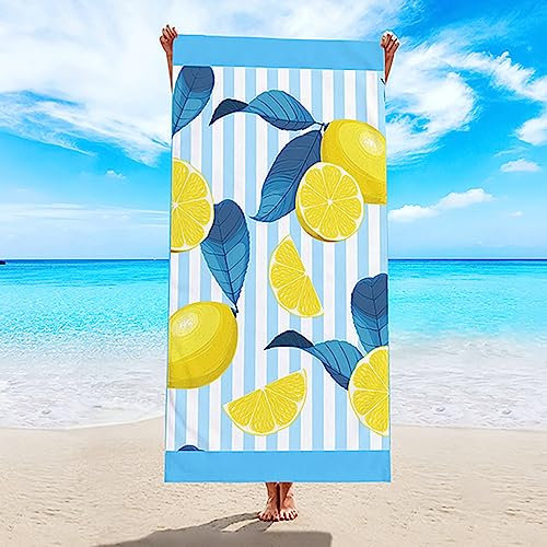 AMDXD 80x160CM Strandtuch Damen Mikrofaser, Zitrone mit Streifen Hintergrund Muster Strandlaken Herren Blau Gelb Duschtuch Handtücher Perfekt für Fitness Reisen Sport Wandern Outdoor Sauna