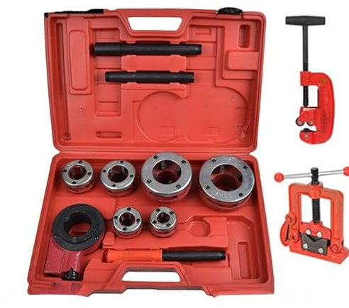 Kit filettatrice per Tubi a cricchetto Manuale, Filettatura Tubi con 5 stampi, tagliatubi, morsa 1/2, 3/4, 1, 1-1/4, 1-1/2, 2, per Taglio Professionale e Filettatura di
