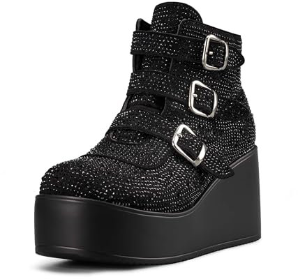 LUCKY STEP Stivaletti con Plateau per Donna - Punta Tonda Cerniera Zeppa Tacco Suola Spessa Fibbia (Strass nero, 6US-37EU-4UK)