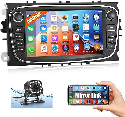 CAMECHO Android Autoradio mit Navi für Ford Focus C-Max S-Max Mondeo Kuga Galaxy, 7 Zoll Bildschirm Doppel Din Autoradio mit Bluetooth | WLAN | FM/RDS | USB + Rückfahrkamera