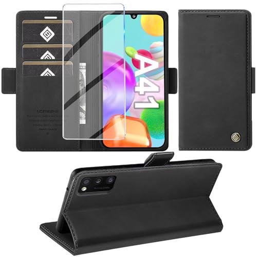 Giyer Handyhülle für Samsung Galaxy A41 Hülle mit Displayschutzfolie, Schutzhülle Galaxy A41 PU Leder Wallet Flip Case Standfunktion Kartenfach Klapphülle für Samsung A41 Tache Cover (Schwarz)