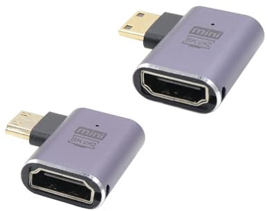 RIIEYOCA Adaptateur Mini HDMI vers HDMI à Angle Droit et à Gauche 90 degrés,48Gbps High Speed 2.1 Extender Mini HDMI Male to HDMI Female Adapter 8K 4K with LED Lights,2PCS