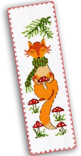 Mushroom Fox - Counted Cross Stitch Bookmark Kit - DIY Embroidery Set with Pattern of Red Fox and Mushrooms - Handmade Gift for Adults with Paper pattern, 16-count Aida Canvas and Presorted Floss