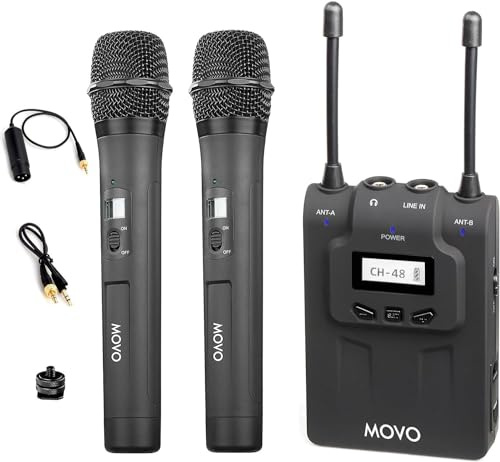 Movo WMIC80 UHF Wireless Handheld Microphone System with 2 Handheld Mics with intergrated Transmitters, Portable Receiver, & Shoe Mount for DSLR Cameras (330' Range)