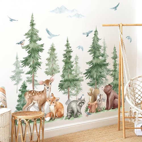 wondever Stickers Muraux Animaux Forêt Grand Arbre Enfant Autocollants Muraux Mural Stickers Cerf Ours Renard Montagnes pour Chambre Enfants Bébé Pépinière
