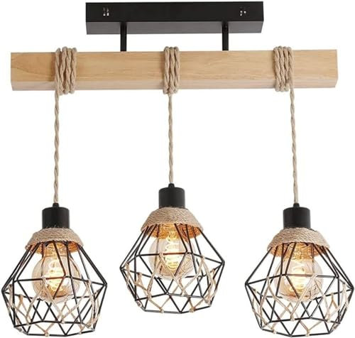 YYQBYY Lampadario industriale in legno artistico Corda di canapa Lanterna in ferro battuto Lampada a sospensione Lampada da soffitto regolabile for ristorante (3 luci) YYQBYY