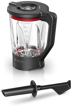 Bosch Zubehör MUZS6MX, Mixbecher, dickwandiges Thermosafe Glas, 1,5l, hitzebeständig, kältebeständig, spülmaschinengeeignet, mit Stopfer, für Küchenmaschine Serie 6