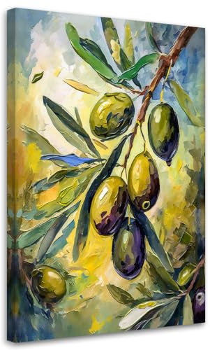 Feeby Leinwandbilder - Deko Bilder - Oliven Acryl wie gemalt - Canvas 80x120 1tlg- Wandbilder Schlafzimmer - Aesthetic Room Decor - Modern Wanddeko - Bild auf Leinwand - Fertig Gespannd