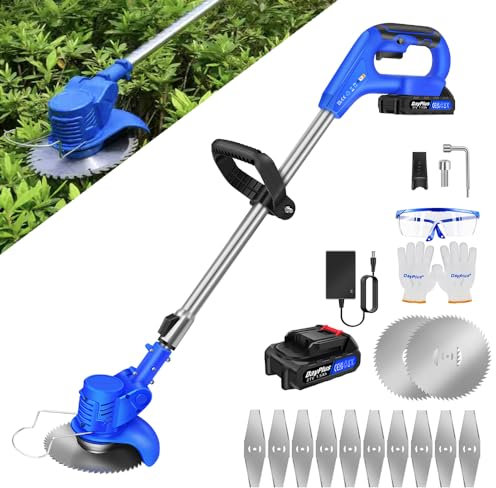 Débroussailleuse Batterie 21V Coupe Bordure sans Fil avec Batterie, Chargeur, 10 Lames Métalliques et 2 Lames de Scie Circulaire, Taille Bordure pour la Coupe de Jardin Pelouses et Terres Agricoles