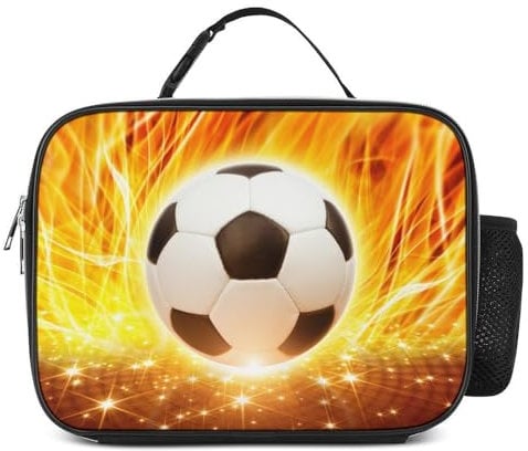 Miyeiw Personalised Football Lunch Box, Custom Sport Insulated Lunch Bag with Text/Name for Adults Kids Boys Men, Portable Black Waterproof Lunchbox Tote Bag