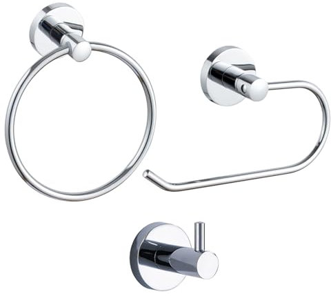 Chrome Toilet Roll Holder 3-Piece Set - Pack 3 Towel Holder, Toilet Paper Holder, Towel Hooks Chrome 150305