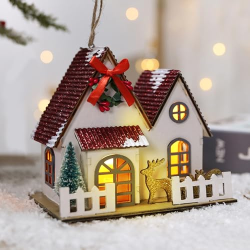 Weihnachtsdeko Holzhaus Beleuchtet, Weihnachtsdorf mit Beleuchtung, Aufhängbar Holz Weihnachtshäuser mit LED Licht, Mini Weihnachtshaus Beleuchtet für Weihnachtsdeko Innen, Winter Hüttenlandschaft (B)