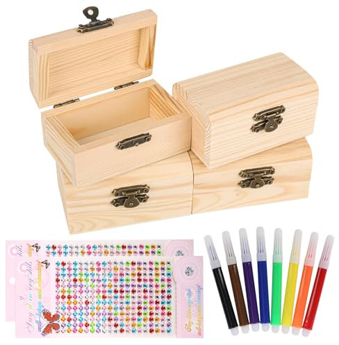 Trendecor 4 Stücke Mini Schatztruhe, DIY Schatztruhe Kindergeburtstag DIY Kleine Holzkiste mit Deckel mit 2 Stücke Aufkleber und 8 Stücke Graffiti-Stift für Kinder Bastelset Geburtstags