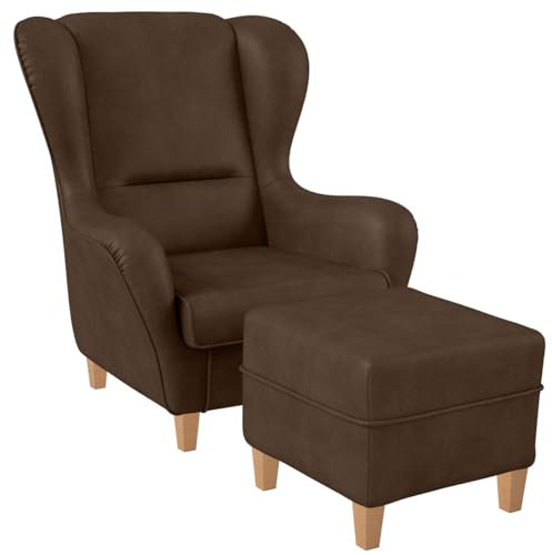 Sofia Ohrensessel mit Hocker | Design Kunstleder Nougatbraun