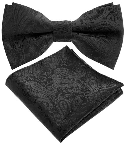 Schwarz Fliege und Einstecktuch Fliege Herren Einstecktuch mit Manschettenknöpfe, Verstellbare Fliege Herren Solid Bowties Handkerchief Cufflinks for Men Passend zum Bankettanzug
