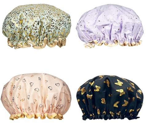 Bliceon 4 Piece Double Layer Waterproof Shower Cap, Reusable Elasticated Shower Cap Cover Earmuffs for Women, Spa and Salon, Purple, Black, Light Green, Pink