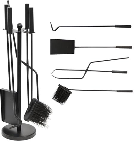 Trendi 5PC Black Iron Fireplace Tool Set – Heavy-Duty Wrought Iron Fire Pit Accessories for Log Burners, Wood Stoves & Fireplaces | Includes Poker, Tongs, Shovel, Brush & Stand | Classic Companion Set