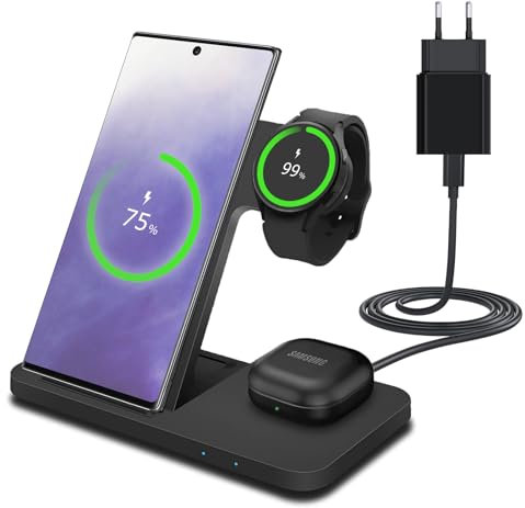 Chargeur sans Fil pour Samsung par MMOBIEL - 15W Support de Charge sans Fil 3 en 1 pour MagSafe Samsung Galaxy S25/S24/S23/S22 Séries, Galaxy Watch 6/5/4, Galaxy Buds - Adaptateur 20W Inclus - Noir