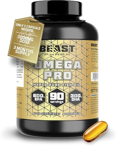 Beast Pharm Omega 3 Capsules Triple Strength 1000mg Omega 3 Fish Oil | High Strength Omega 3 1000mg per Capsule, 90 Capsules, 3 Months Supply, 600mg EPA, 300mg DHA, Fish Oil Omega 3 Supplements