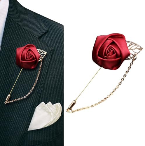 Wine Red Rose Flower with Gold Leaf Lapel Pin Brooch Handmade Cloth Flower Lapel Stick Floral Boutonniere Clothing Accessories for Men Women Suit Wedding Party