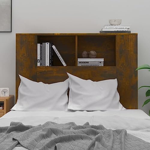 Testiera per letto in compensato di rovere fumé, 100 x 18,5 x 104,5 cm, con contenitore, elegante testiera in legno per camera da letto, perfetta per camere da letto moderne