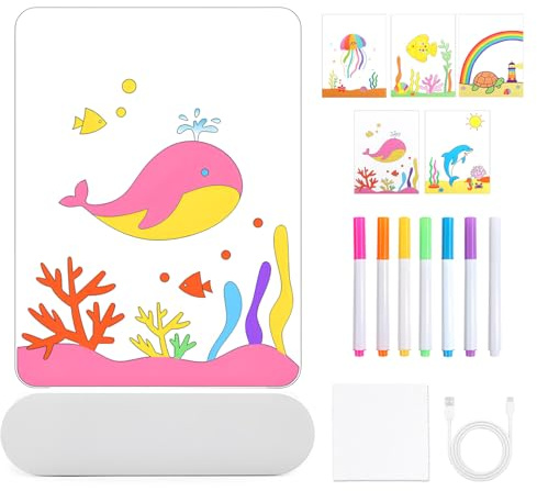 TXErfolg Leuchtendes Led Zeichenbrett für Kinder, 20x15cm Acryl Notiztafel | mit 6 Farben Stift, Transparente DIY Schreiben Notiztafel Nachtlicht, Kreatives Geschenk für Kinder Freundin (Meerestiere)