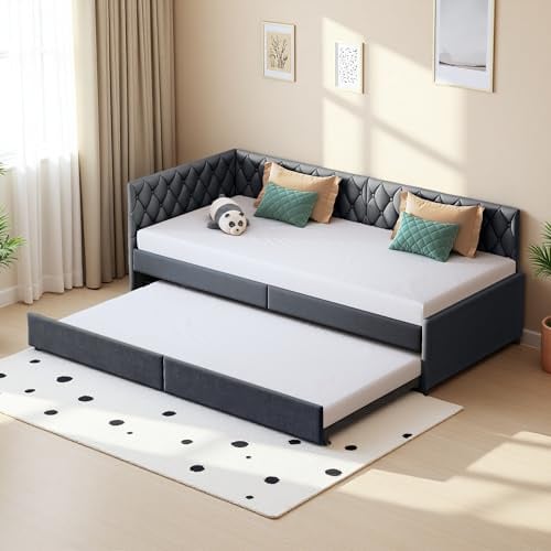 Schlafsofa 90/180x200 cm, Ausziehbett, 2-Sitzer Sofa mit Schlaffunktion, Sofabett Ausziehbar zum Doppelbett, Funktionsbett, Gästebett klappbar mit Lattenrost, Samtstoff, Grau (Grau (c), 90×200cm)
