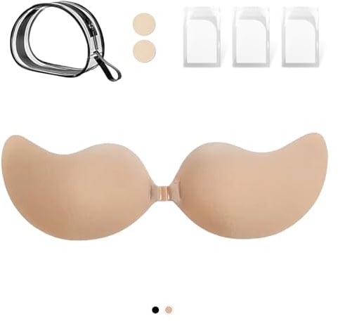 FREELASS Soutien Gorge Dos Nu Soutien Gorge Invisible Adhesif Push up sans Bretelle Remonte Sein Adhesif Coque Adhesive sans Bretelle Réutilisable avec Cache-téton Femme pour Robe de Soirée