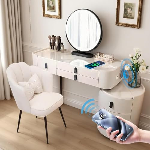 Vofikoli Schminktisch mit Verstellbaren LED-Beleuchtung, Dressing Table mit Spiegel, 3 einstellbare Helligkeiten, Moderner Kosmetiktisch mit 5 Schubladen (Weiß – Schwarze Beine – 01, 100cm)