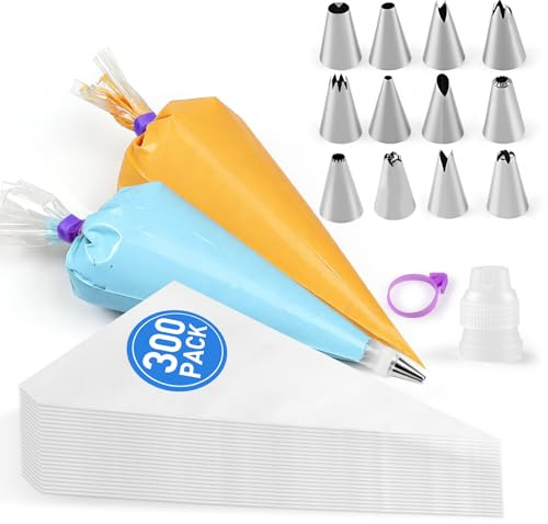 300PCS Piping Bags and Nozzles Sets,12 Nozzles, 1 Couplers, 1 Bag Ties, Clear Piping Bags for Cake Cupcake Dessert Cookies Decoration