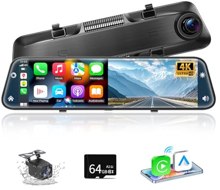 Herilary 12 Zoll 4K Rückfahrkamera Spiegel mit Wireless Android Auto CarPlay, Dashcam Spiegel mit G-Sensor, Loop-Aufnahme, Einparkhilfe, Bluetooth, Mirror Link, AUX, SD-Karte, WDR, HD Touchscreen