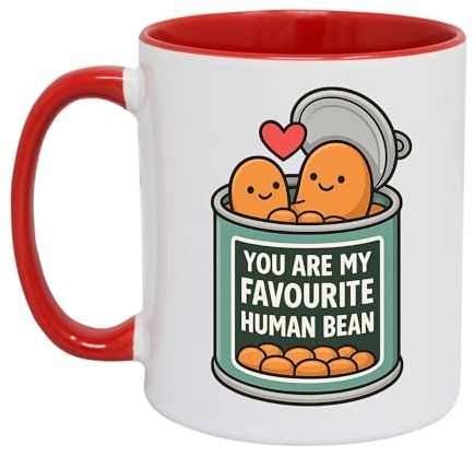 GAFFCO Funny “You are My Favourite Human Bean” Coffee Mug – Cute Baked Beans Pun Mug with Heart – 11oz Novelty Gift for Boyfriend, Girlfriend, Husband, Wife, Best Friend (Inner Red)