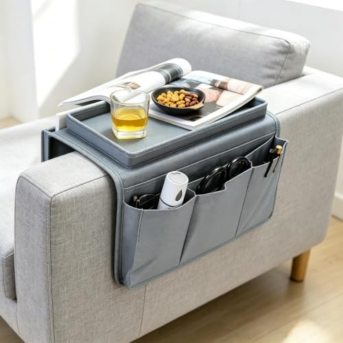 FAINCA Sofa Arm Tray with 4 Bags 31×19×3.5cm Sofa Arm Table Foldable Grey | Armchair Tray Organiser Non-Slip Waterproof Armchair Caddy for Drinks Phone TV Remote Control Magazine Book Snacks Glasses