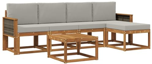 vidaXL Outdoor-Sofagarnitur 6 pcs Natürlich und Hellgrau Polyester, Garten-Couch, modernes Sofa-Set für draußen, langlebige Möbel, Coole Terrasse, stilvolles Loungen im Freien