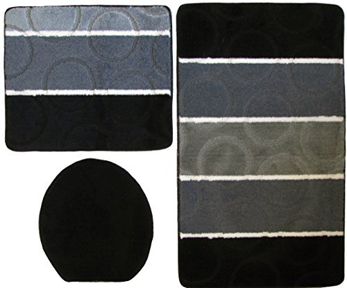 Ilkadim Orion Badgarnitur 3 TLG. Set 50x80 cm Mehrfarbig gestreift, WC Vorleger ohne Ausschnitt für Hänge-WC (schwarz grau)